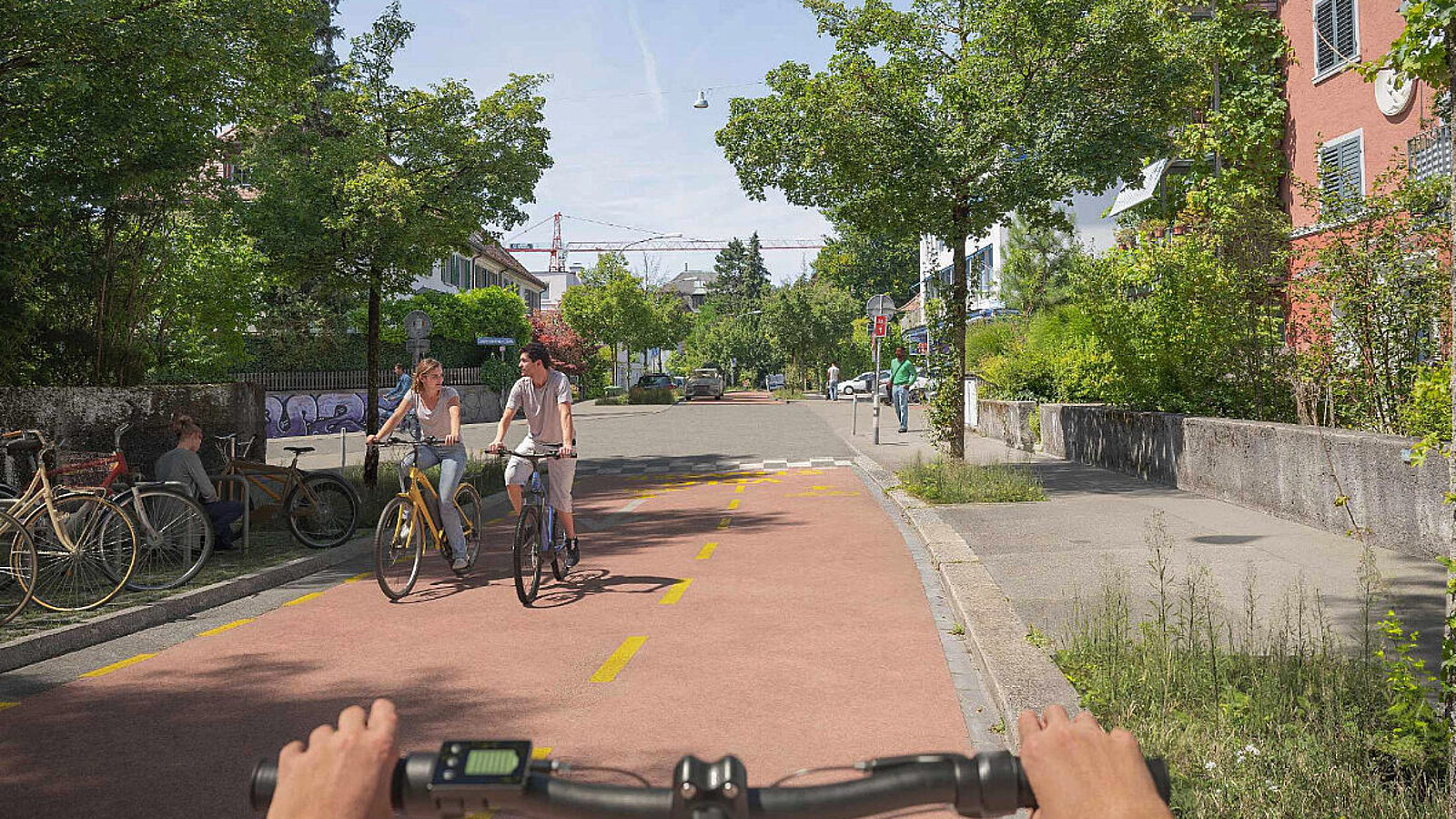 In der ETH-Vision «E-Bike City» soll die Zukunft des Zürcher Strassenraums der Mikromobilität gehören. So soll, gemäss Skizze, kein Auto mehr auf der Langmauerstrasse fahren, sie wird zur exklusiven Veloroute. Bild: Nightnurse Images