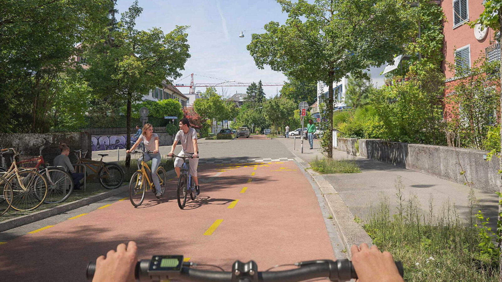 In der ETH-Vision «E-Bike City» soll die Zukunft des Zürcher Strassenraums der Mikromobilität gehören. So soll, gemäss Skizze, kein Auto mehr auf der Langmauerstrasse fahren, sie wird zur exklusiven Veloroute. Bild: Nightnurse Images