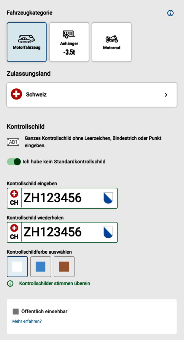 Im E-Vignette-Konfigurator legt man Fahrzeugtyp, Immatrikulationsland und Kontrollschildnummer fest.