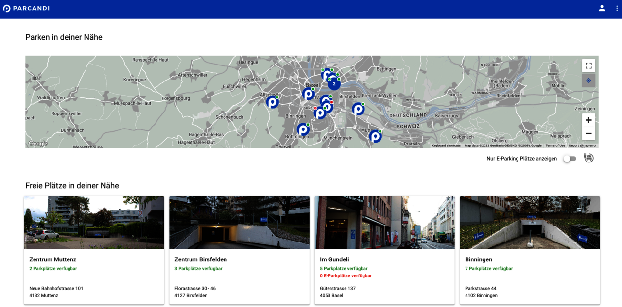 Screenshot der Webseite von Parcandi. Er zeigt verfügbare Parkplätze in Basel.