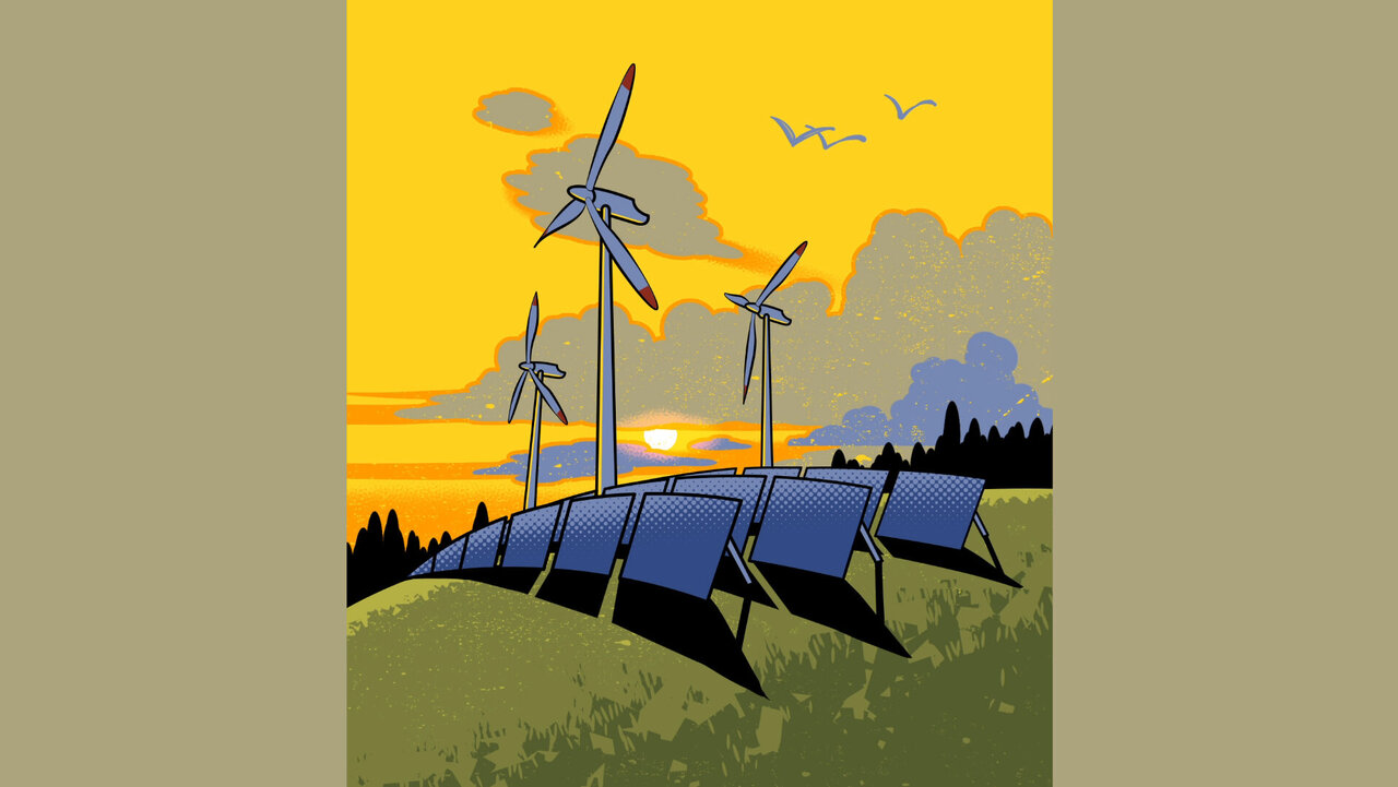 Illustration zu erneuerbaren Energien mit Windräder und Solaranlagen