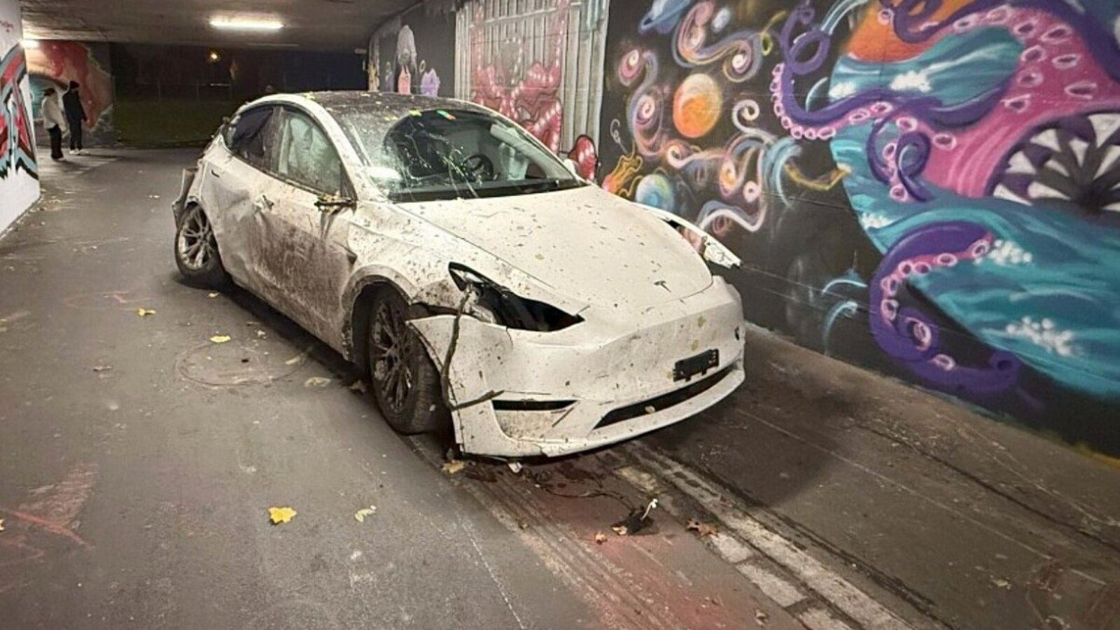 Demoliert und führerlos wurde der Tesla in der Unterführung in Neuenhof AG angetroffen. Bild: Kantonspolizei Aargau