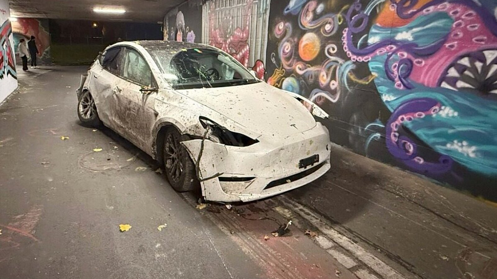 Demoliert und führerlos wurde der Tesla in der Unterführung in Neuenhof AG angetroffen. Bild: Kantonspolizei Aargau