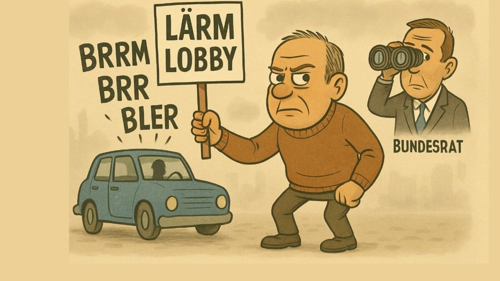 Geht es um Temporeduktionen ist die Lärmlobby nicht weit. Mit der Forderung nach weniger Lärm setzt sie sich für Tempo-30-Zonen oder sogar für Tempo 60 auf Autobahnabschnitten ein. Bild: STREETLIFE, mit KI generierte Karrikatur