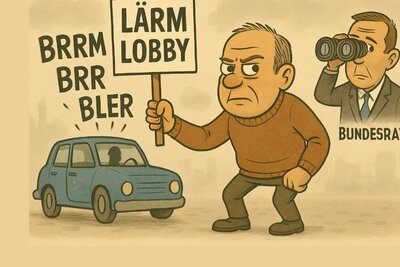 Geht es um Temporeduktionen ist die Lärmlobby nicht weit. Mit der Forderung nach weniger Lärm setzt sie sich für Tempo-30-Zonen oder sogar für Tempo 60 auf Autobahnabschnitten ein. Bild: STREETLIFE, mit KI generierte Karrikatur