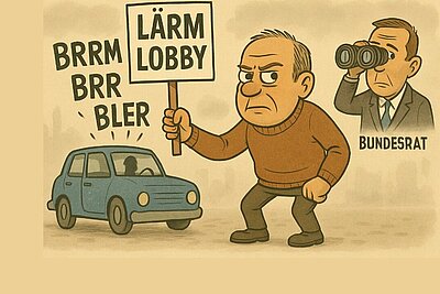 Geht es um Temporeduktionen ist die Lärmlobby nicht weit. Mit der Forderung nach weniger Lärm setzt sie sich für Tempo-30-Zonen oder sogar für Tempo 60 auf Autobahnabschnitten ein. Bild: STREETLIFE, mit KI generierte Karrikatur
