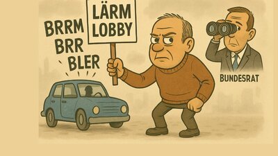 Geht es um Temporeduktionen ist die Lärmlobby nicht weit. Mit der Forderung nach weniger Lärm setzt sie sich für Tempo-30-Zonen oder sogar für Tempo 60 auf Autobahnabschnitten ein. Bild: STREETLIFE, mit KI generierte Karrikatur