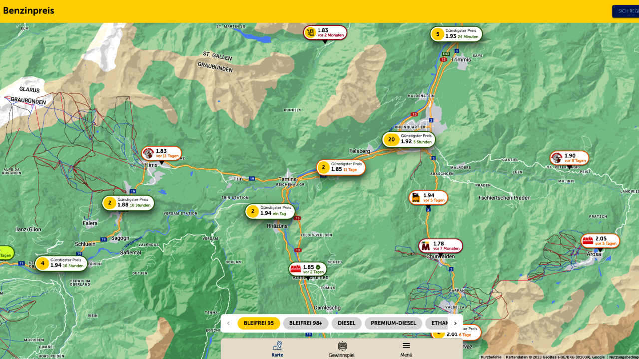 Screenshot des Benzinpreis-Radar des TCS