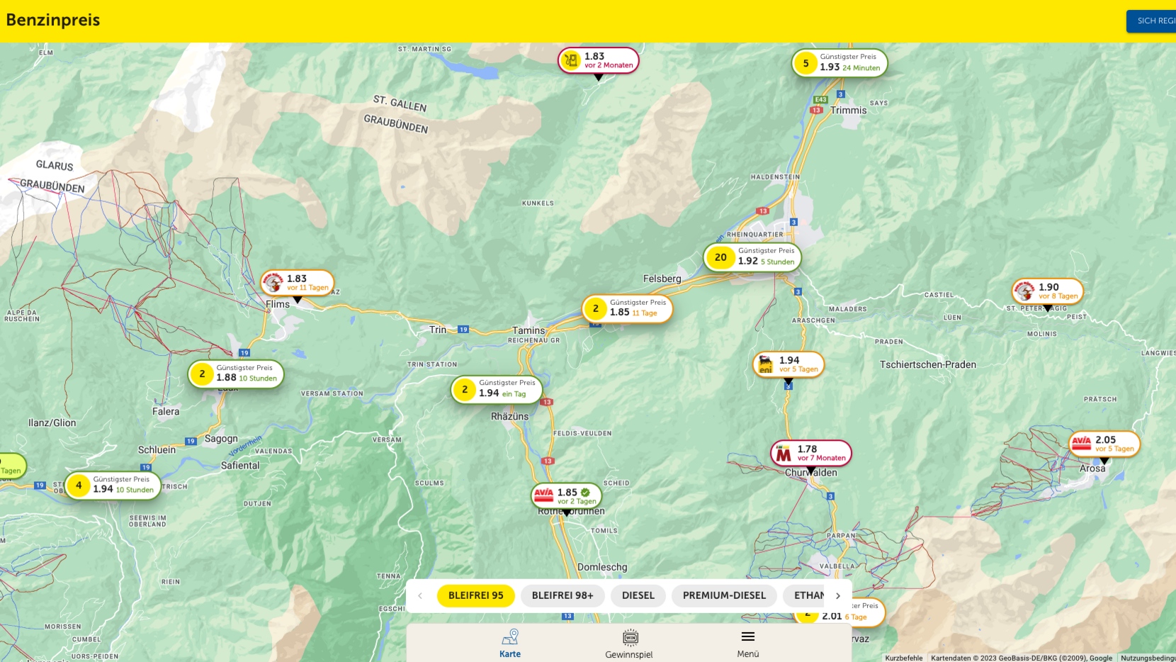 Screenshot des Benzinpreis-Radar des TCS