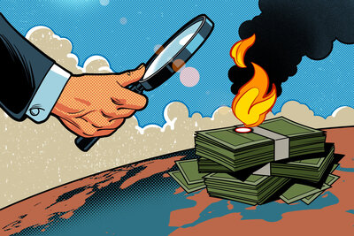 KIllustration einer Lupe, die einen Geldhaufen verbrennt