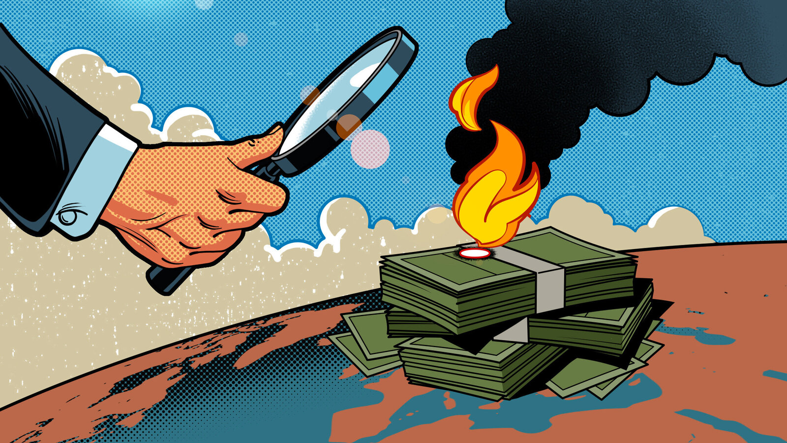 KIllustration einer Lupe, die einen Geldhaufen verbrennt