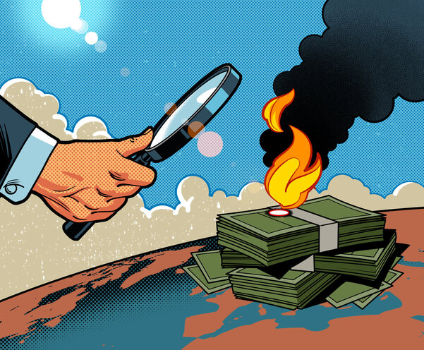 KIllustration einer Lupe, die einen Geldhaufen verbrennt