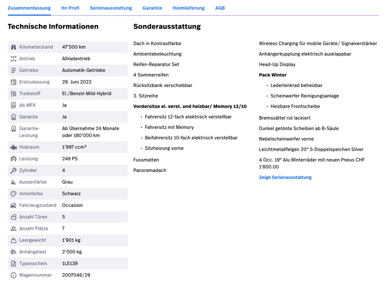 Extra-Liste eines Fahrzeuges aus dem Inserat