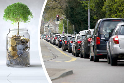 Geldtopf mit Baum und wartende Autos an einem Lichtsignal