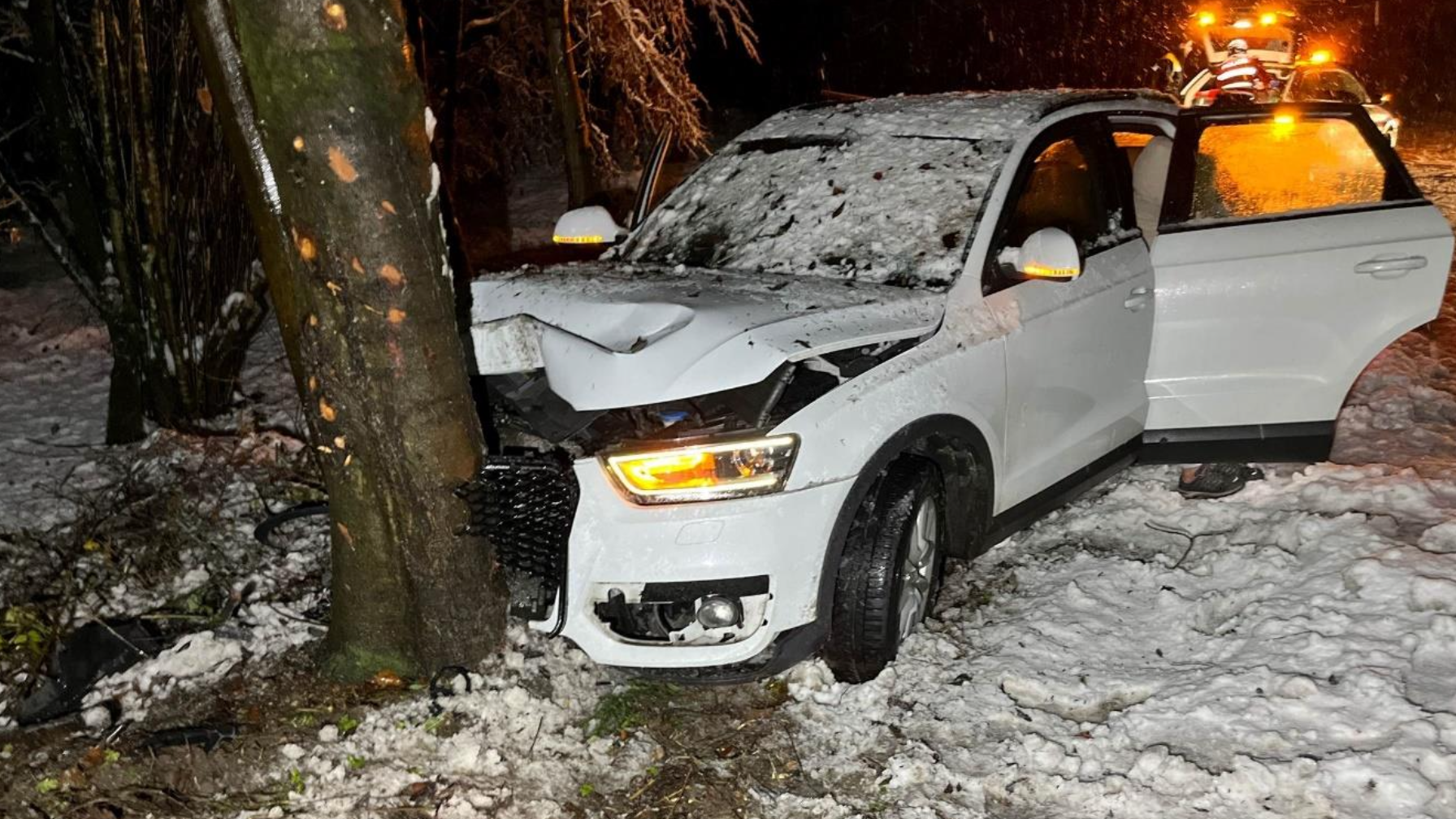 Das Auto kollidierte frontal mit einem Baum. Die Beifahrerin wurde dabei leicht verletzt und wurde ins ein Spital gebracht. Bild: Kapo SO