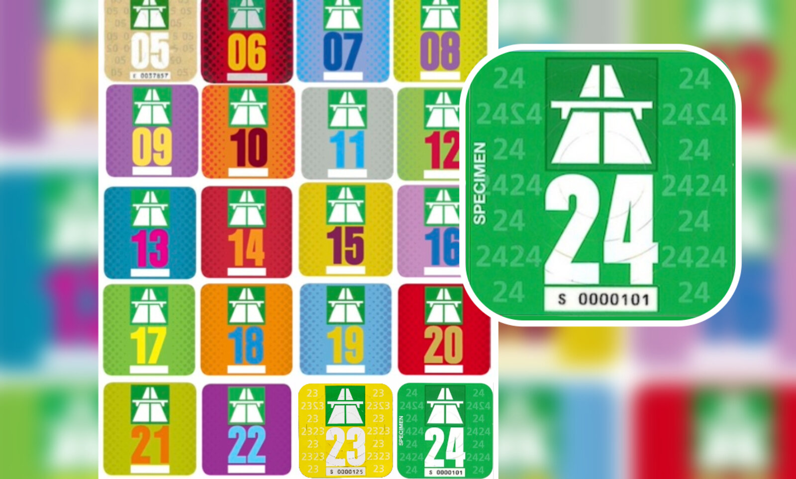 Die Farben der Vignetten der letzten Jahre. Das Dunkelgrün der aktuellen Marke entspricht der Farbe der Autobahnschilder. Grafik: STREETLIFE, Bild: Bundesamt für Strassen