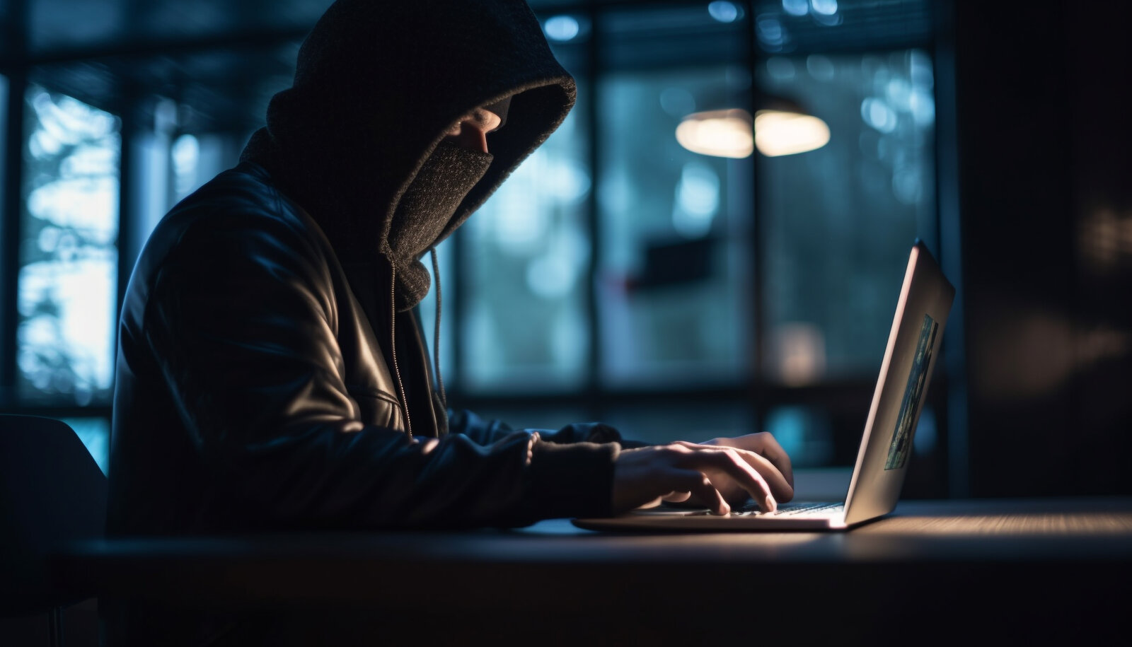 Mann in schwarz gekleidet vor Laptop.