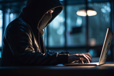 Mann in schwarz gekleidet vor Laptop.