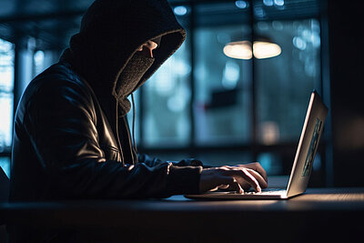 Mann in schwarz gekleidet vor Laptop.