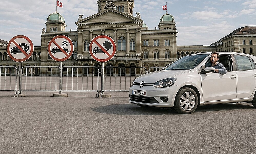Kolumnist Pentti Aellig spekuliert darüber, ob uns grüne Politiker künftig das Autofahren verhindern, wenn wir Fleisch essen oder wir ohne Klimaanlage unterwegs sein müssen. Bild: mit KI generierte Karikatur.