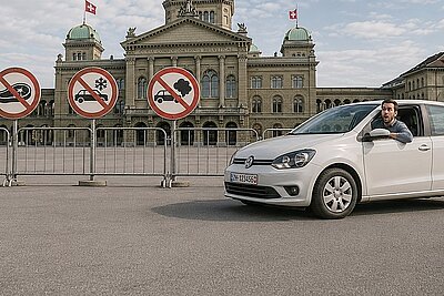 Kolumnist Pentti Aellig spekuliert darüber, ob uns grüne Politiker künftig das Autofahren verhindern, wenn wir Fleisch essen oder wir ohne Klimaanlage unterwegs sein müssen. Bild: mit KI generierte Karikatur.