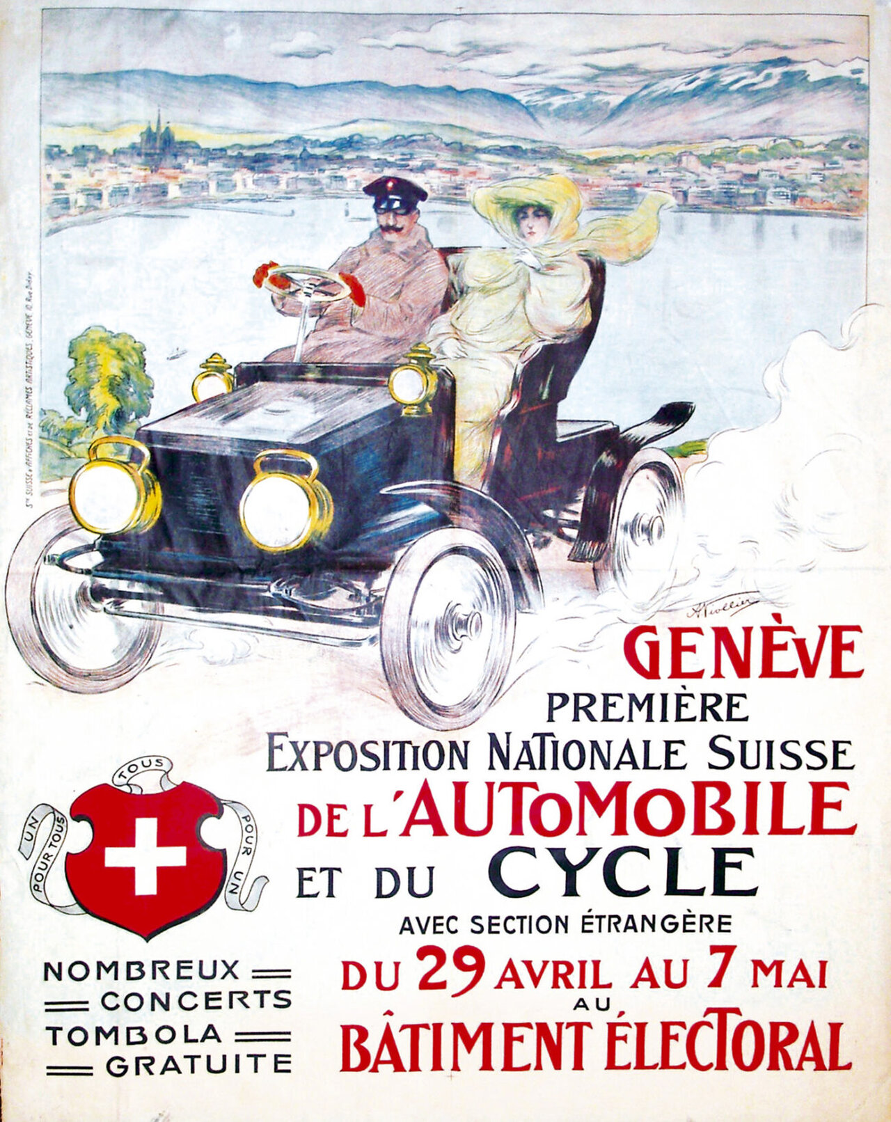 Plakat zur ersten Autoausstellung überhaupt in Genf.