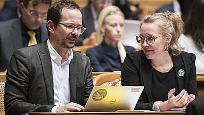 Sie sind die grossen Verlierer der Wahlen: Balthasar Glättli, Parteipräsident Grüne, und Aline Trede, Fraktionspräsidentin Grüne.
