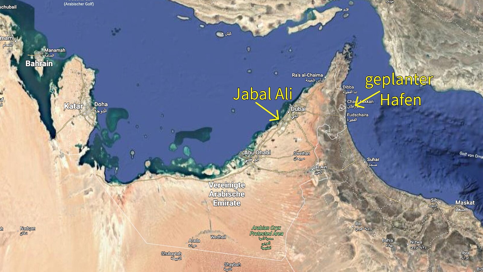 Karte mit den Standorten der UAE Hafen