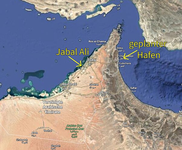Karte mit den Standorten der UAE Hafen