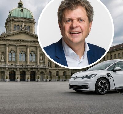 Jürg Grossen, GLP-Nationalrat, fordert Massnahmen für eine bessere regulierung des Occasion-E-Auto-Markts. Bild: parlament.ch, KI generiert