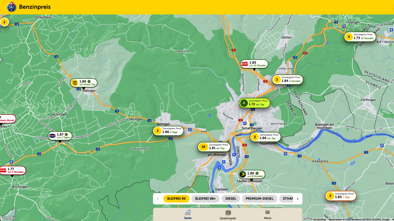Screenshot des Benzinpreis-Radar des TCS