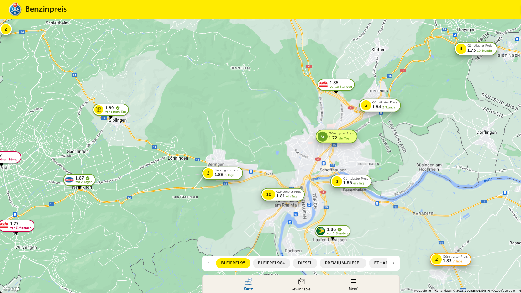 Screenshot des Benzinpreis-Radar des TCS