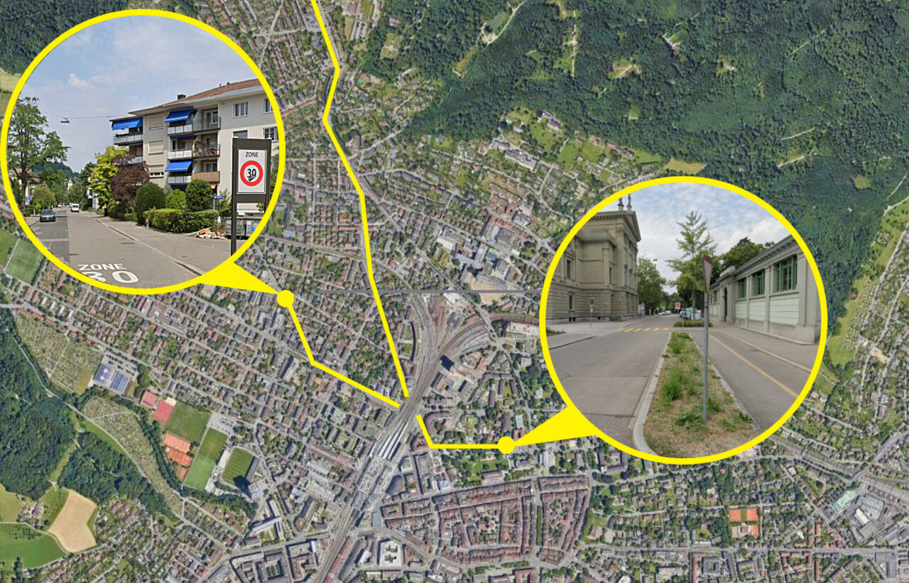 Auf seiner Flucht fuhr der 39-jährige Deutsche quer durch Winterthur. Im Stadtzentrum fuhr er in der falschen Richtung durch Einbahnstrassen (Bild r.) und raste durch Tempo-30-Zonen (Bild l.). In einer Quartierstrasse wurde er schliesslich gestoppt. Grafik: STREETLIFE, Google Maps