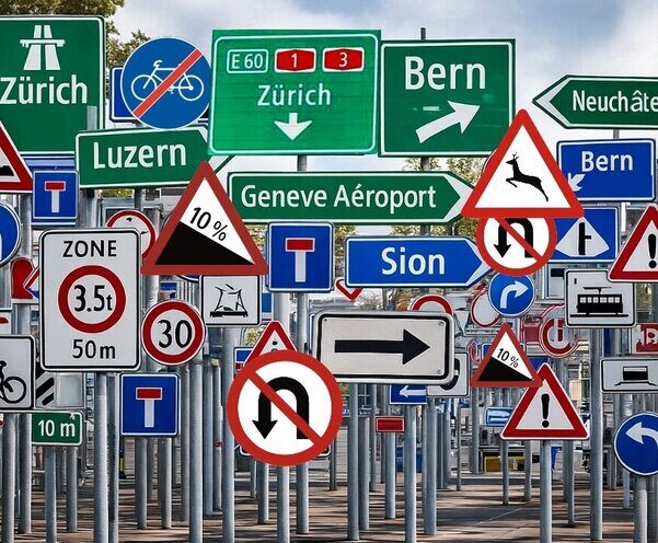 In der Schweiz werden Signaltafeln in Gefahrensignale, Vorschriftsignale, Vortrittsignale und Hinweissignale unterteilt. Manchmal ist es ein wahrer Schilderwald. Bild: KI-untersützt hergestellt