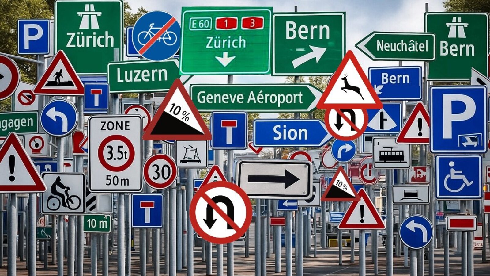 In der Schweiz werden Signaltafeln in Gefahrensignale, Vorschriftsignale, Vortrittsignale und Hinweissignale unterteilt. Manchmal ist es ein wahrer Schilderwald. Bild: KI-untersützt hergestellt
