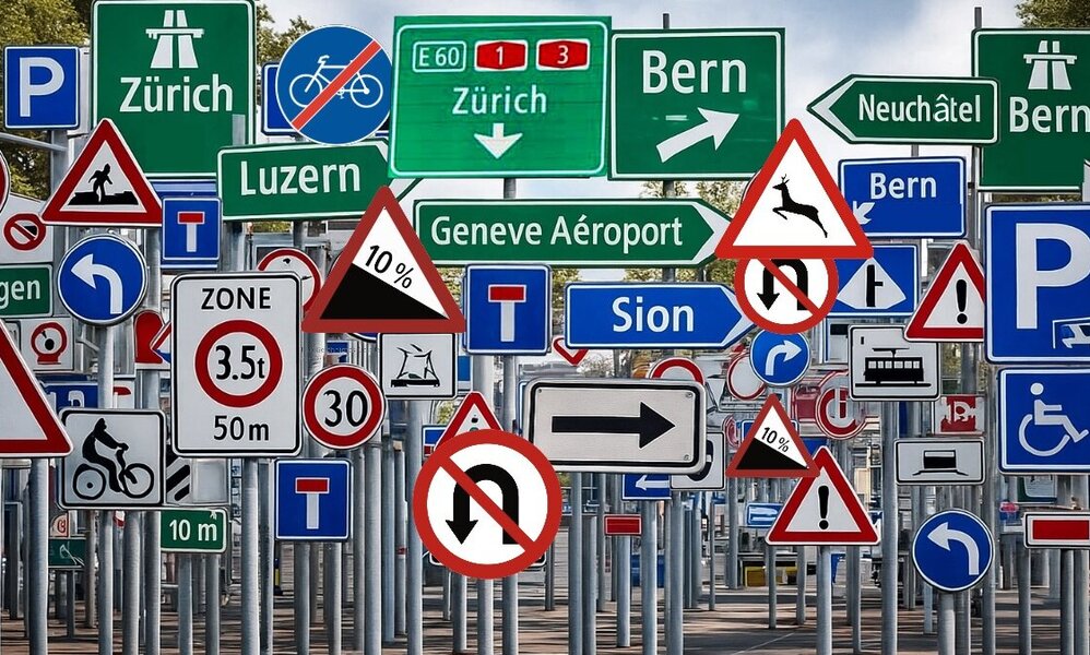 In der Schweiz werden Signaltafeln in Gefahrensignale, Vorschriftsignale, Vortrittsignale und Hinweissignale unterteilt. Manchmal ist es ein wahrer Schilderwald. Bild: KI-untersützt hergestellt