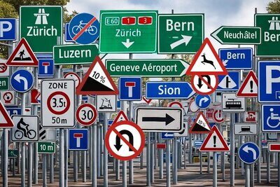 In der Schweiz werden Signaltafeln in Gefahrensignale, Vorschriftsignale, Vortrittsignale und Hinweissignale unterteilt. Manchmal ist es ein wahrer Schilderwald. Bild: KI-untersützt hergestellt