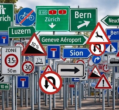 In der Schweiz werden Signaltafeln in Gefahrensignale, Vorschriftsignale, Vortrittsignale und Hinweissignale unterteilt. Manchmal ist es ein wahrer Schilderwald. Bild: KI-untersützt hergestellt