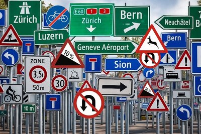 In der Schweiz werden Signaltafeln in Gefahrensignale, Vorschriftsignale, Vortrittsignale und Hinweissignale unterteilt. Manchmal ist es ein wahrer Schilderwald. Bild: KI-untersützt hergestellt