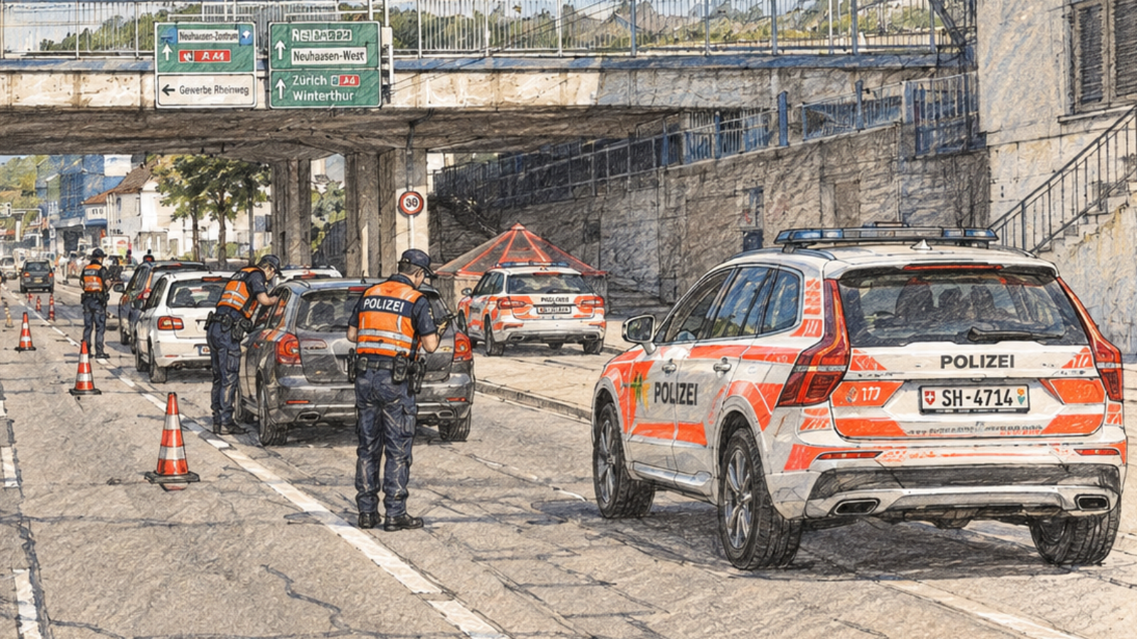 Skizze zu einer Polizeikontrolle in Schaffhausen