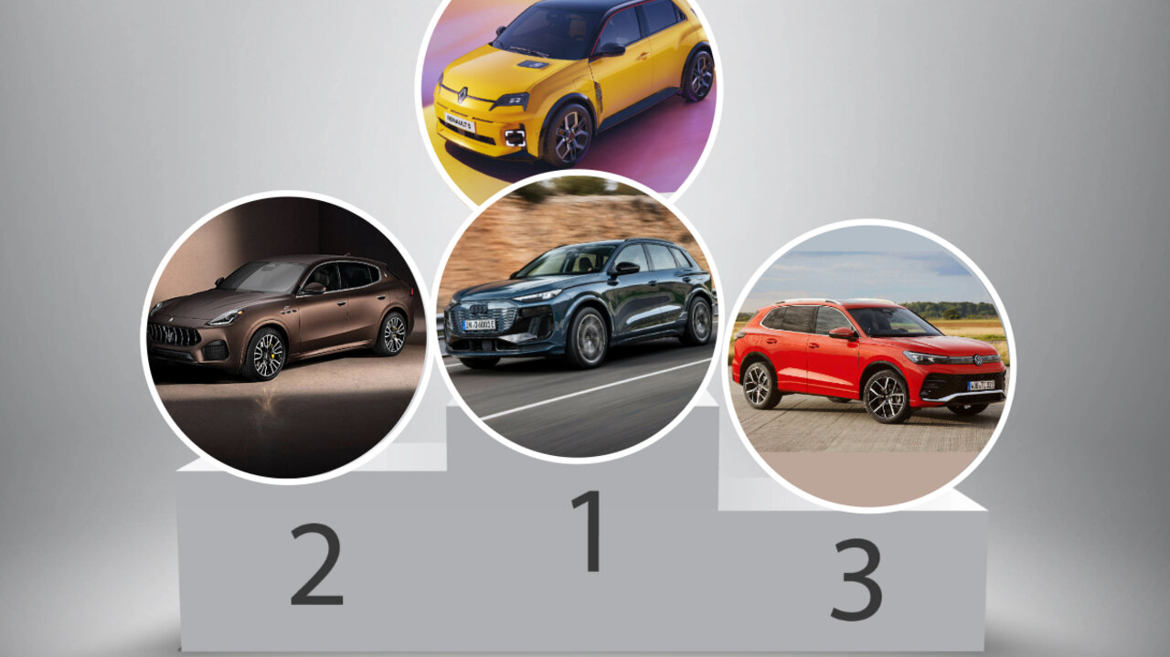 Die Siegertreppe: 1. Platz: Renault 5, Audi Q6 e-tron, 2. Platz: Maserati Grecale, 3. Platz: VW Tiguan. Grafik: STREETLIFE
