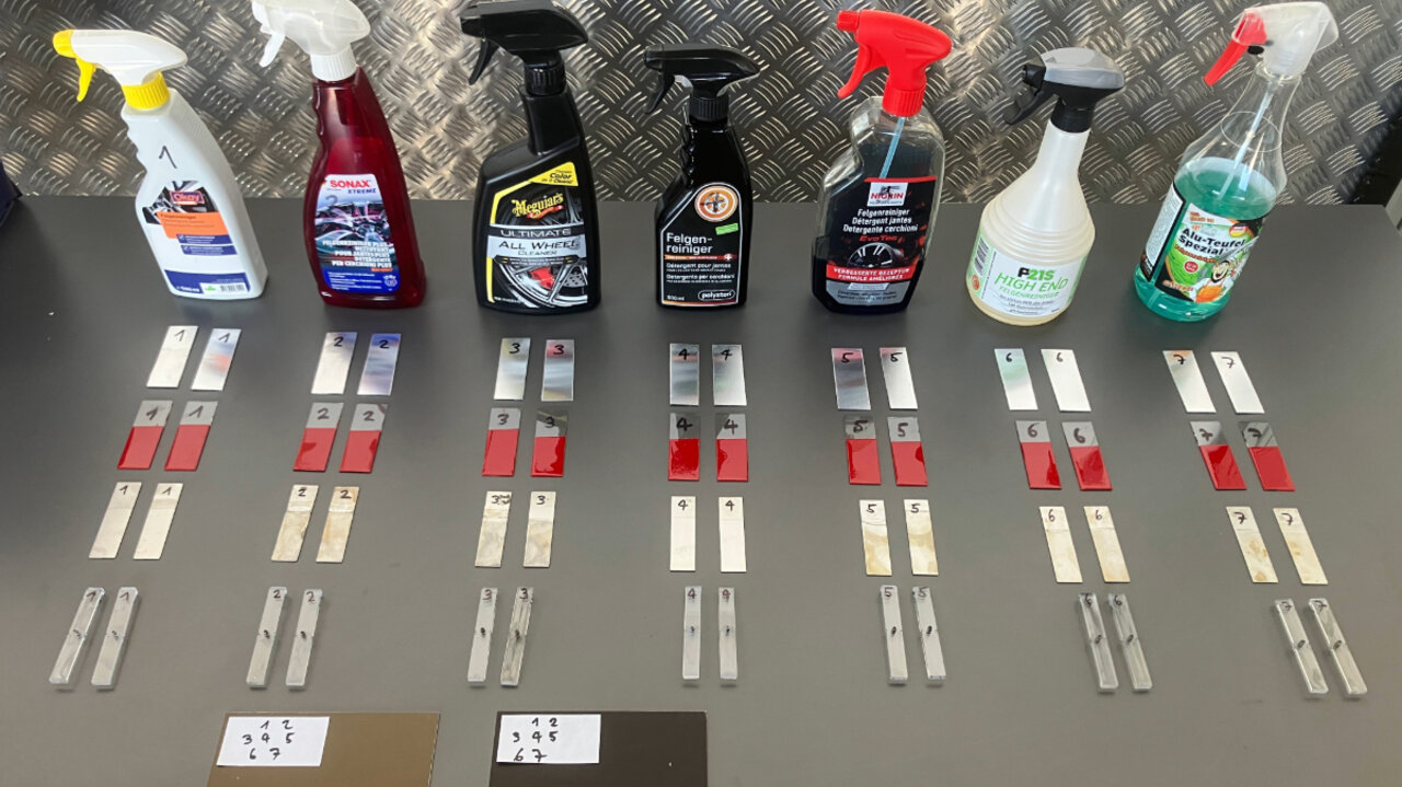 Von den sieben getesteten Felgenreiniger erhielten vier Stück das Label «sehr empfehlenswert», ein Produkt die Bezeichnung «empfehlenswert» und bei zwei Produkten lautete das Resultat der Tester «nicht empfehlenswert». Bild: Touring Club Schweiz