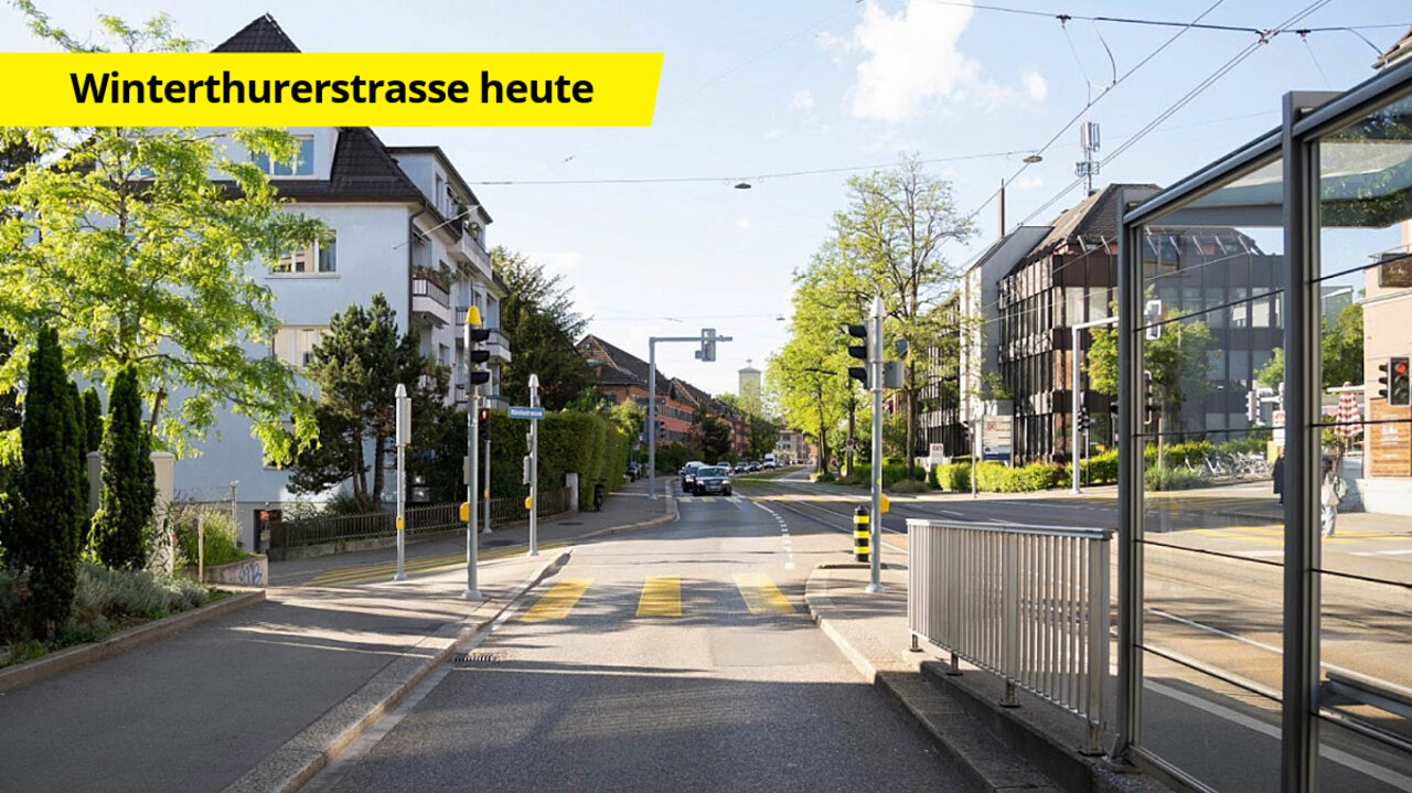 Im direkten Vergleich wird deutlich, wie einschneidend die angedachten Massnahmen sind. Das erste Bild zeigt die Winterthurerstrasse in ihrem heutigen Zustand als Strasse für den gesamten Verkehr. Bild: ETH