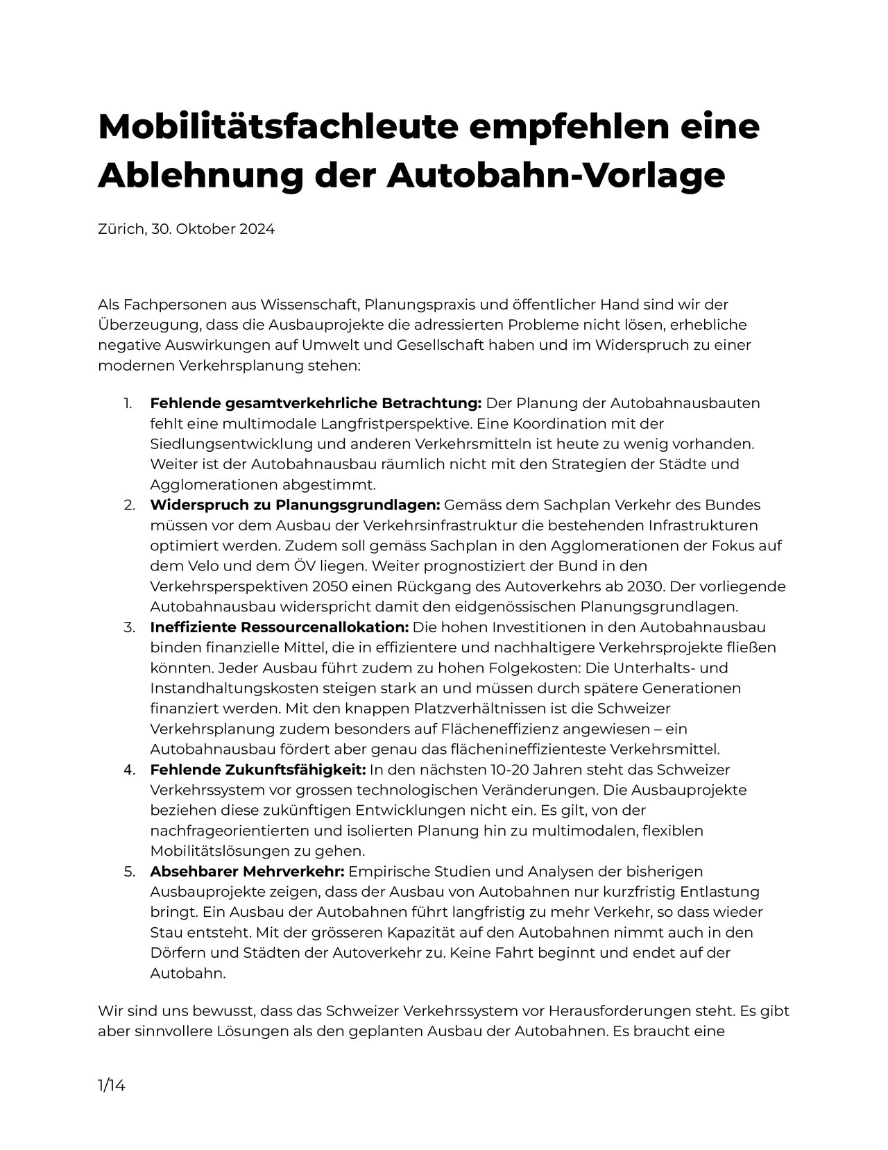 Die erste Seite der Petition der Autobahngegner