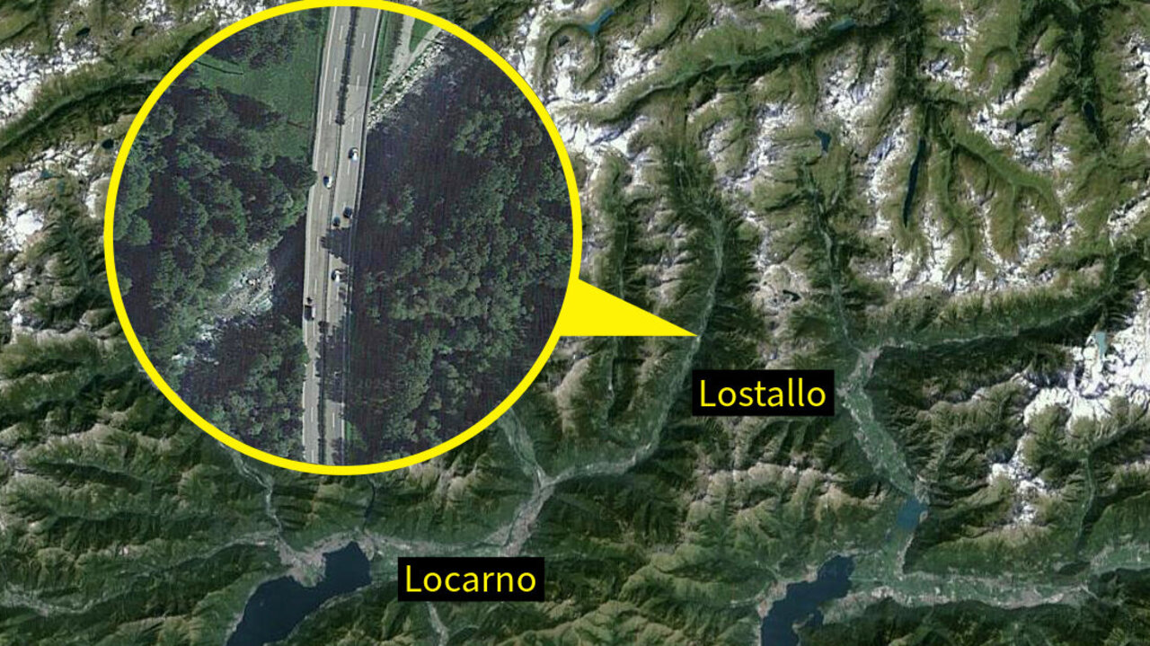 Das zerstörte Teilstück befindet sich auf der A13 auf dem Gemeindegebiet von Lostallo GR. Grafik: STREETLIFE / Google Maps