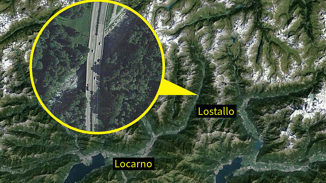 Das zerstörte Teilstück befindet sich auf der A13 auf dem Gemeindegebiet von Lostallo GR. Grafik: STREETLIFE / Google Maps
