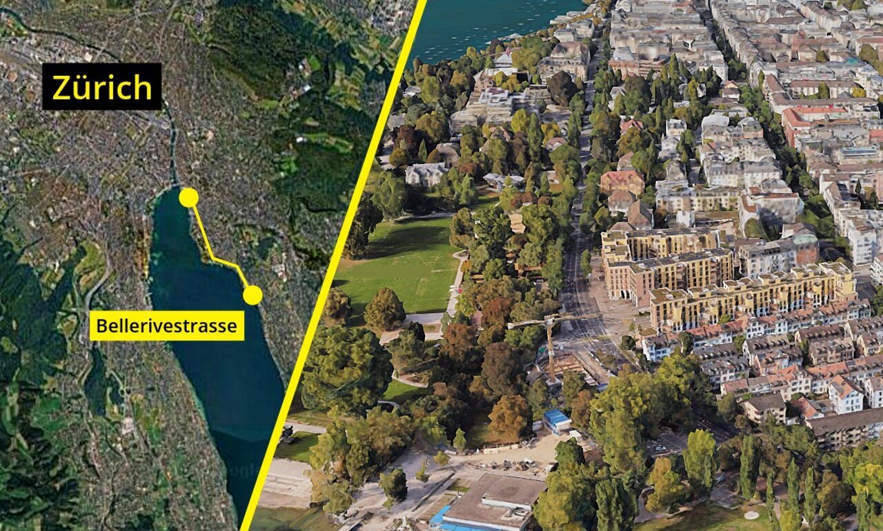 Die Bellerivestrasse ist eine wichtige Verkehrsachse in die Stadt Zürich. Die Strasse führt am rechten Zürichseeufer entlang. Bild: Google Maps, Google Earth