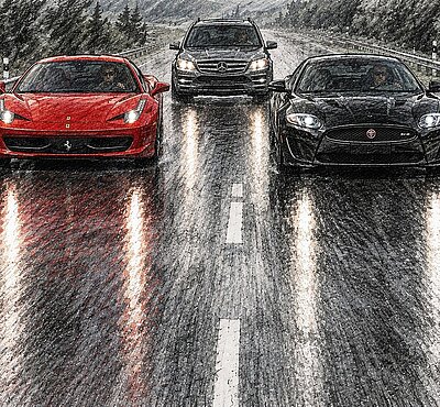 25.9.2017: Der Beschuldigte fährt im Mercedes GL 450 CDI hinter dem Ferrari und dem Jaguar. Er schirmte so das Rennen vom restlichen Verkehr ab. Zudem filmt sein Beifahrer die Fahrt. 