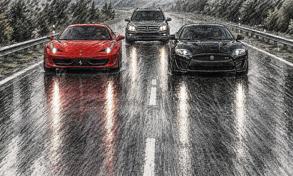 25.9.2017: Der Beschuldigte fährt im Mercedes GL 450 CDI hinter dem Ferrari und dem Jaguar. Er schirmte so das Rennen vom restlichen Verkehr ab. Zudem filmt sein Beifahrer die Fahrt. 