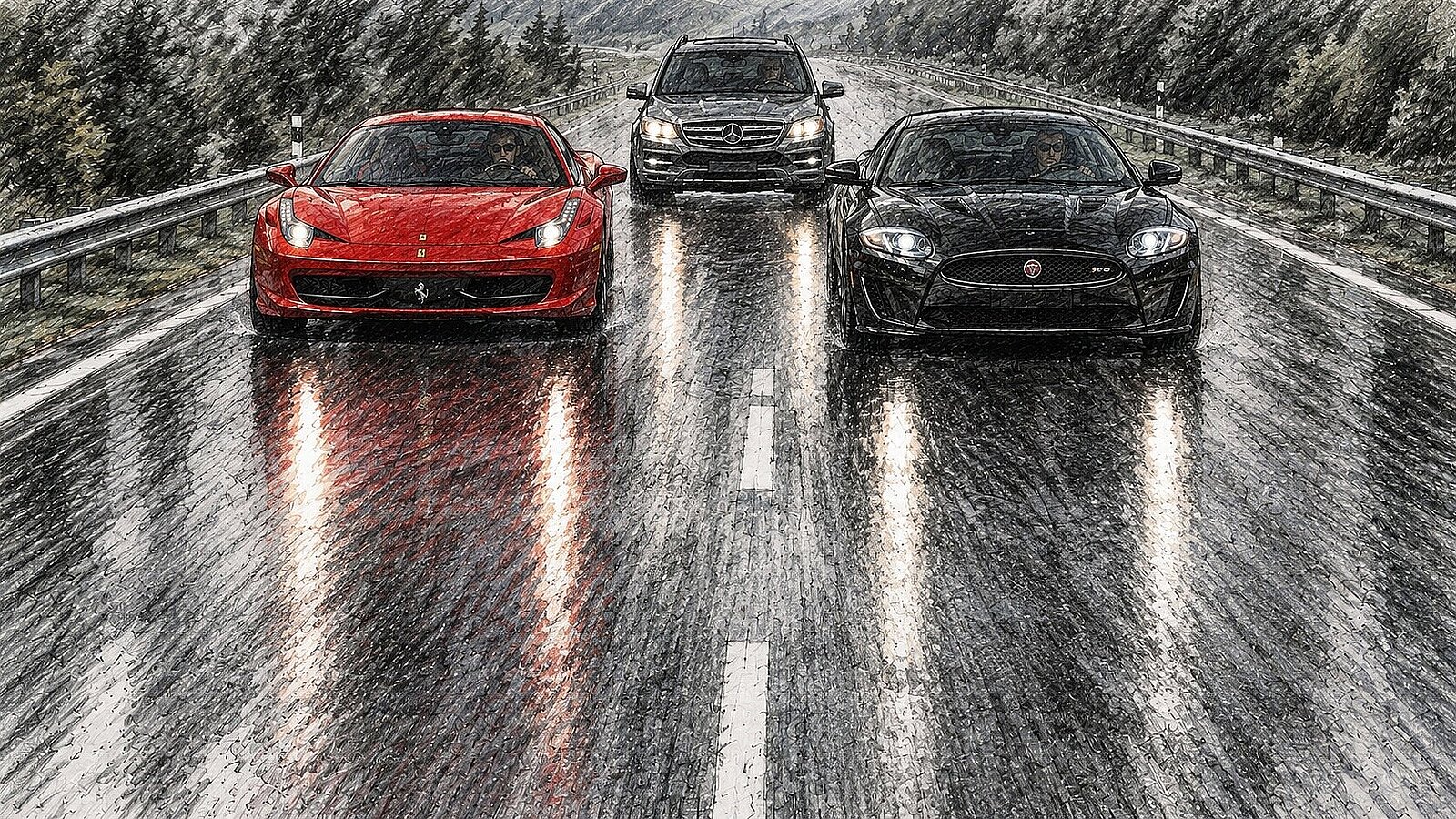 25.9.2017: Der Beschuldigte fährt im Mercedes GL 450 CDI hinter dem Ferrari und dem Jaguar. Er schirmte so das Rennen vom restlichen Verkehr ab. Zudem filmt sein Beifahrer die Fahrt.